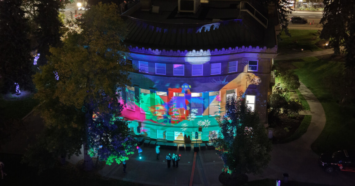 Projection mapping on a building at Night Light in Victoria Park, Calgary