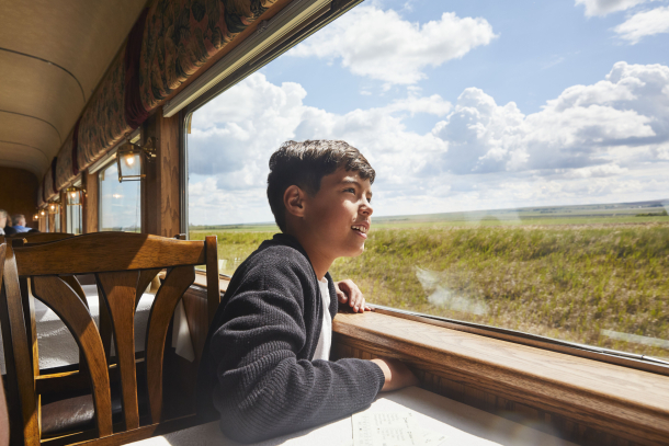 Little boy looking outside of the train