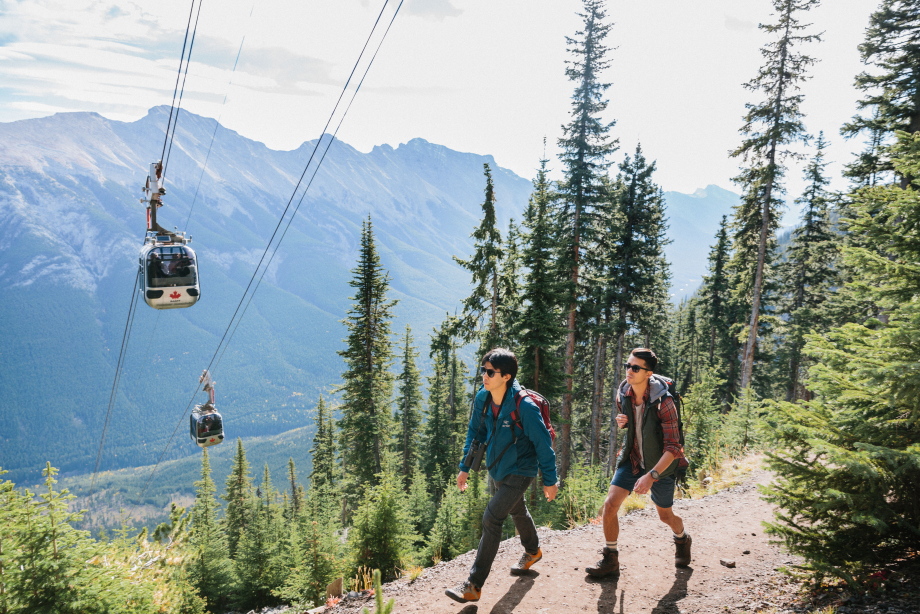 Hikers going up Sulphur mountain with Banff Gondola's in the background
