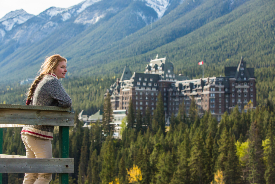 Vantage point of the Fairmont Banff Springs at the surprise corner on tunnel mountain in Banff National Park