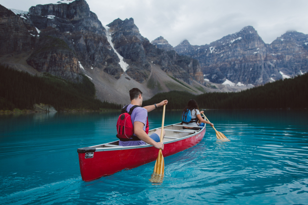 People canoeing on Moraine Lake