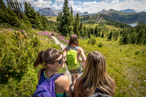 Group of friends hiking through an alpine meadow with mountains in the background