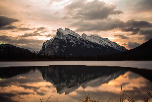 Mountain reflected into Vermillion Lakes in Banff National Park