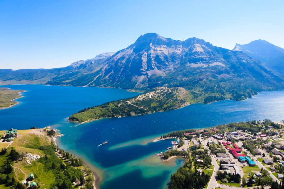 View of the lake and mountains around Waterton townsite from the Bear's Hump in Waterton Lakes National Park