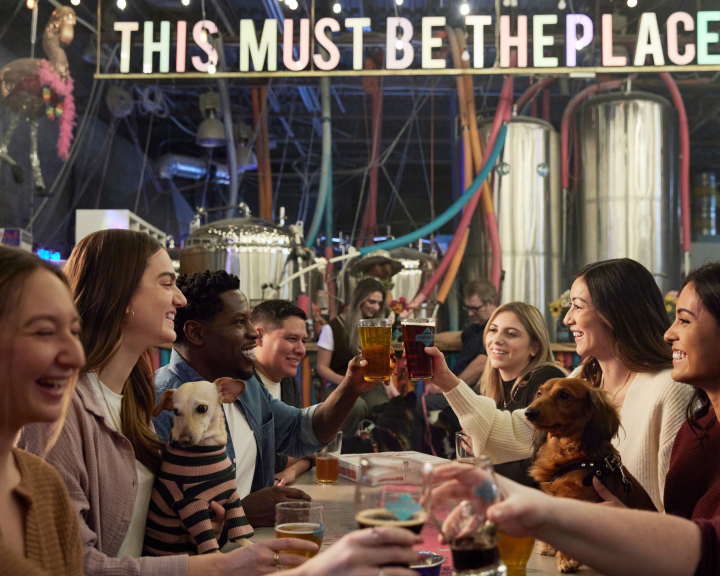 Group of friends cheers-ing beers at Cold Garden Brewery