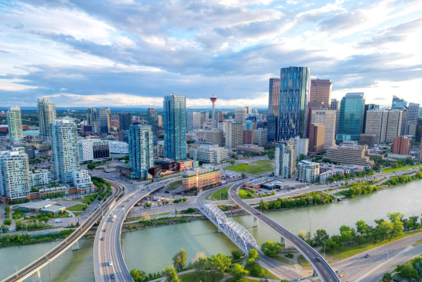 Aerial view of the 4th Avenue fly-over going into downtown Calgary.