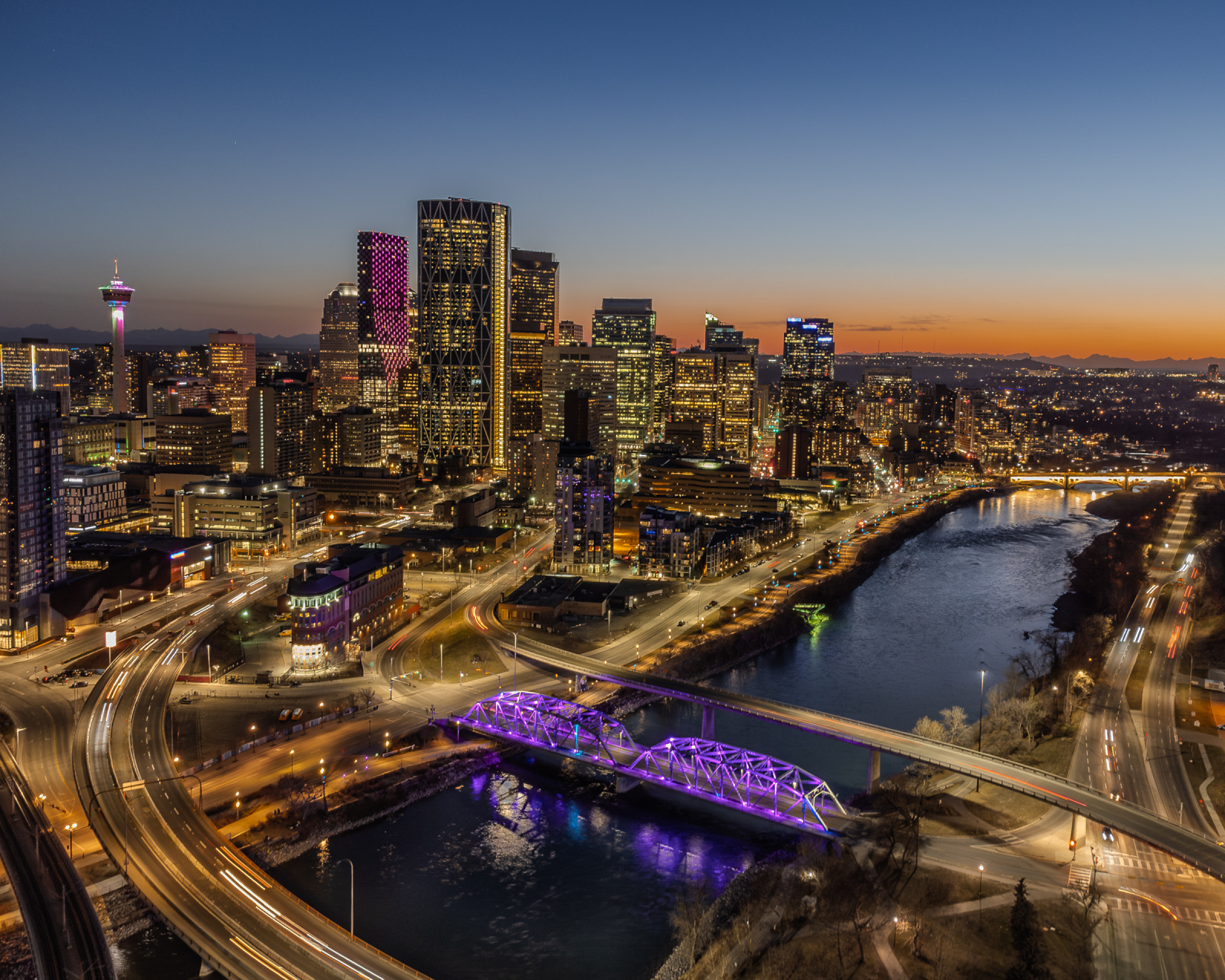 Bow River & downtown Calgary at Twilight
