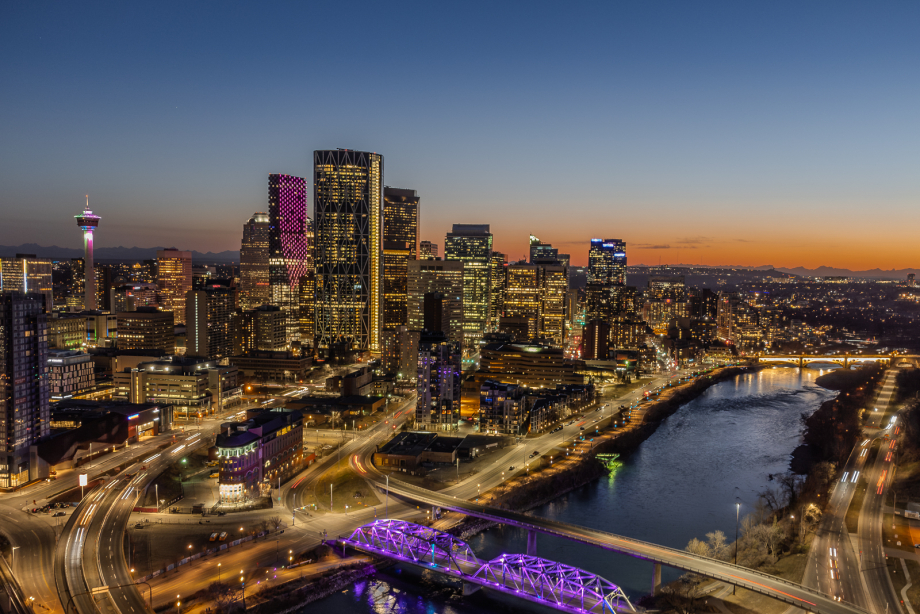 Bow River & downtown Calgary at Twilight