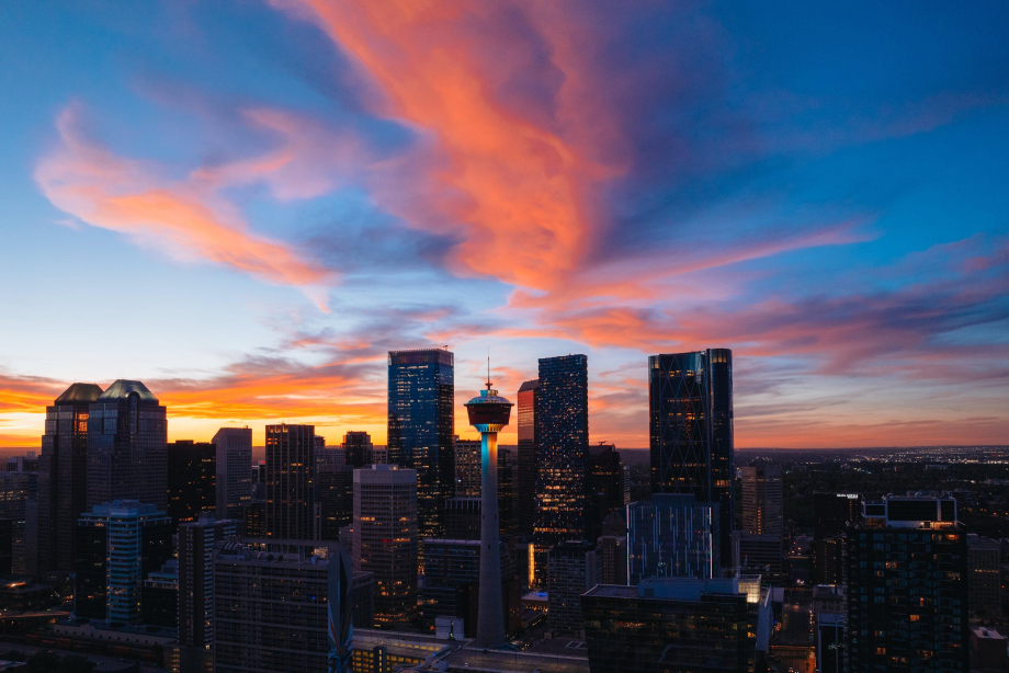 Skyline view of Calgary at sunset, from Scotman's Hill on a summer night.