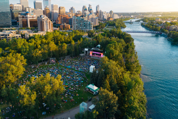 Aerial shot of Calgary Folk Music festival crowd and the bow river