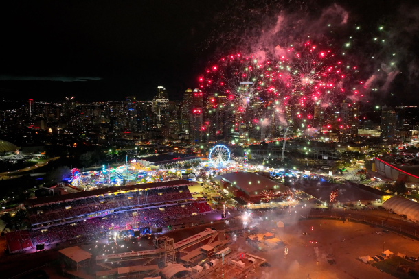 Aerial view of the grandstand show finale with fireworks
