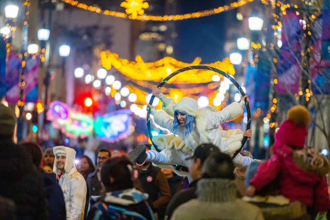 Chinook Blast Winter Festival lights and activities along Stephen Avenue Walk in downtown Calgary