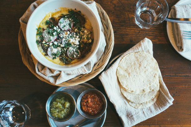 Overhead close-up view of food at Native Tongues Taqueria in Calgary