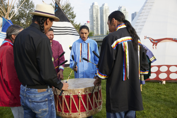 Traditional drumming at Elbow River Camp