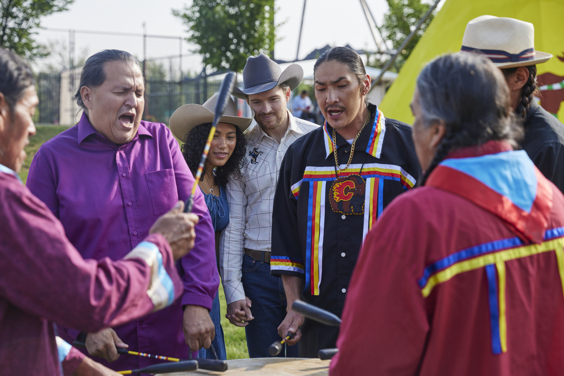 Indigenous drum circle performance at Elbow River Camp.