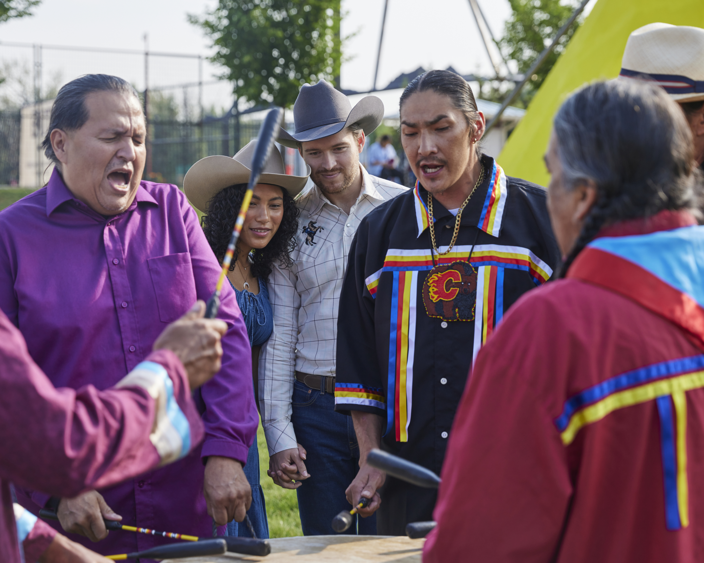 Indigenous drum circle performance at Elbow River Camp.