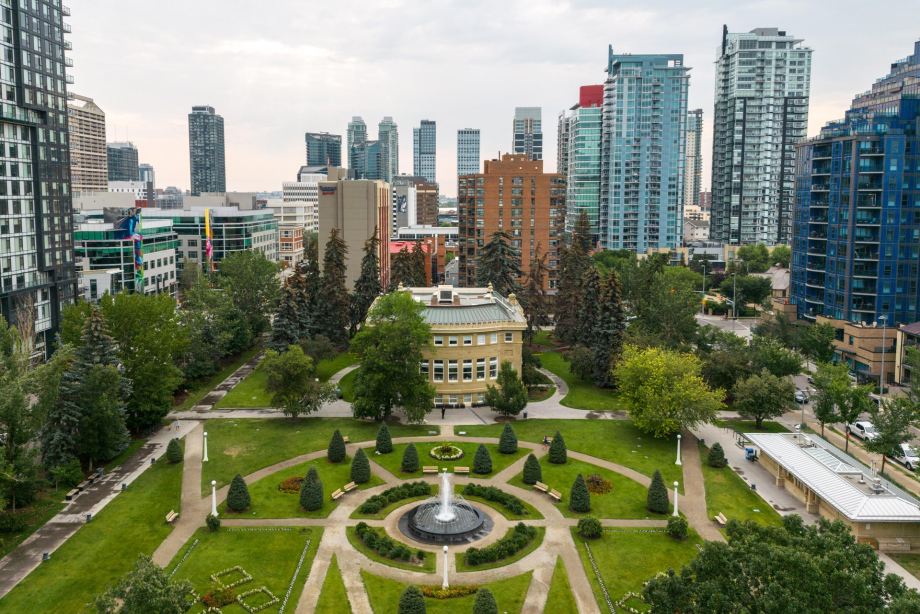 aerial view of Central Memorial Park in downtown Calgary