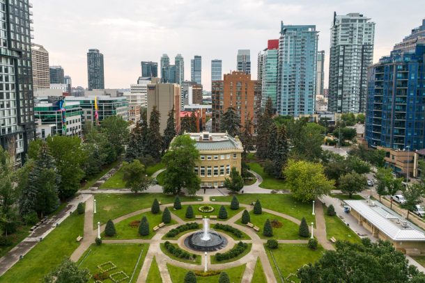 aerial view of Central Memorial Park in downtown Calgary