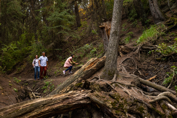 Family of 3 hiking the douglas fir trail