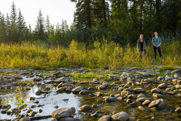 two ladies pausing in front of a small creek during a hike in Fish Creek Park