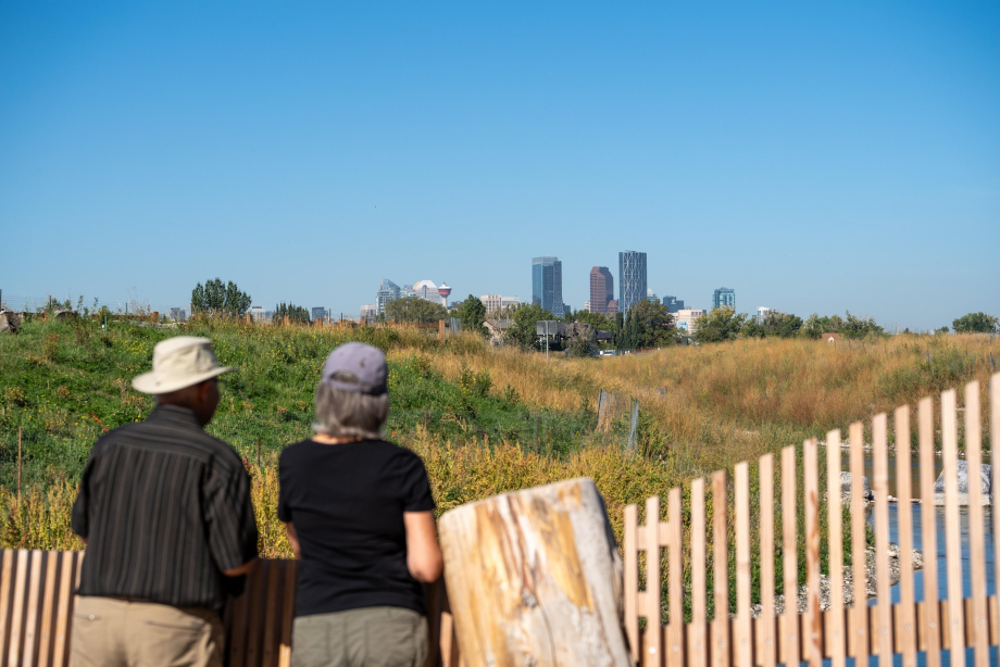 Two people looking at the skyline of calgary.