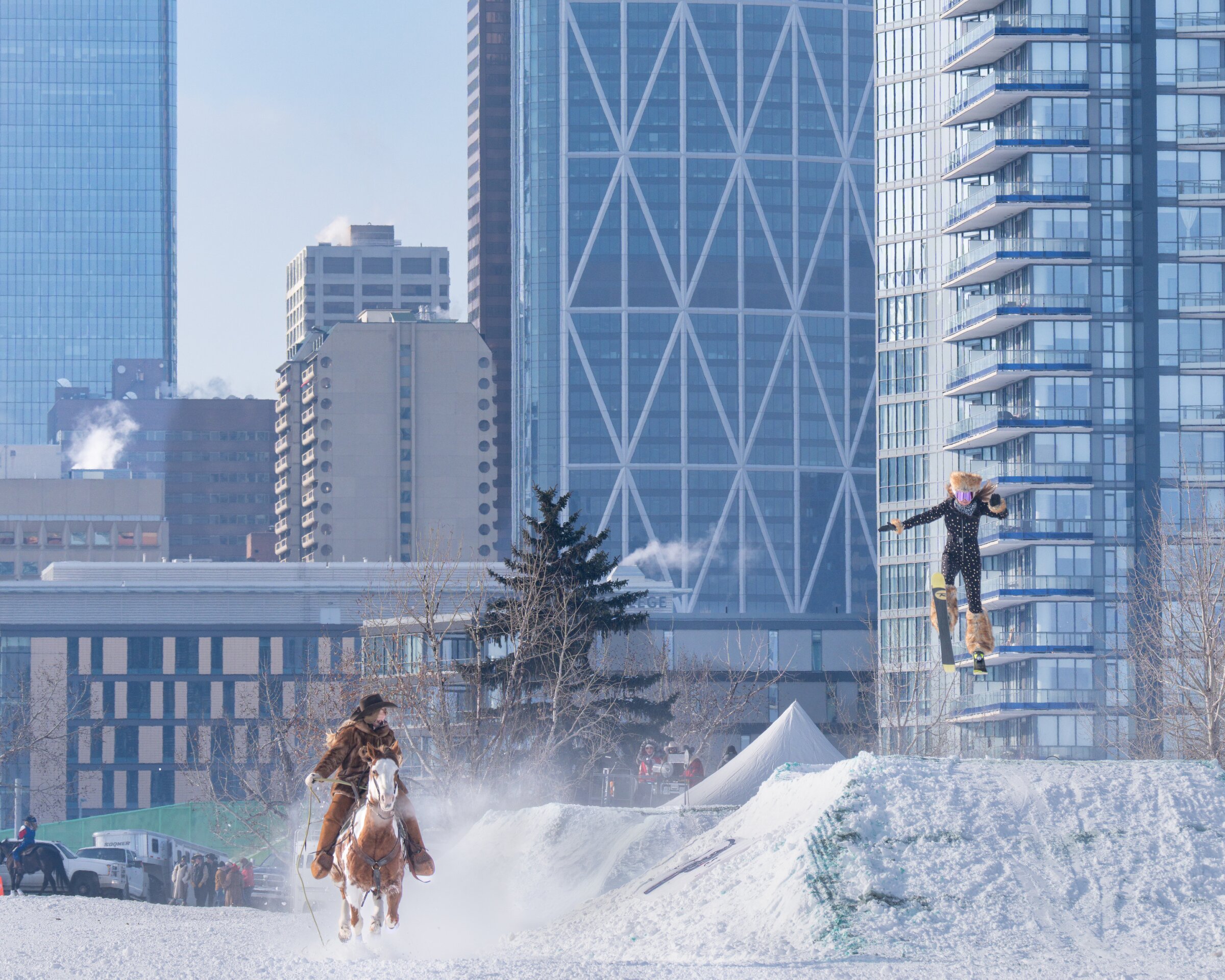 A skier hits air while skijoring in Calgary and the Skijor Canada event.