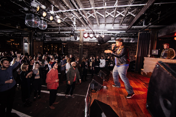 A musician performing at Commonwealth Bar & Stage.