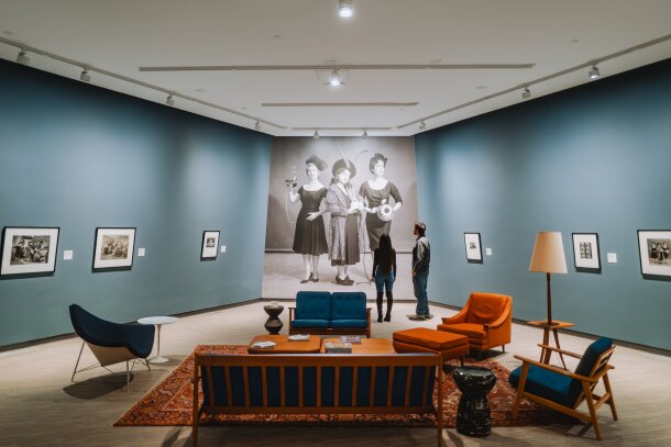 Couple observing an art collection at the Contemporary Calgary gallery