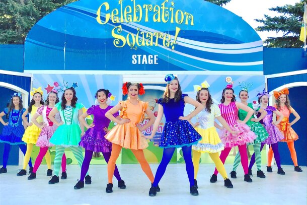 A group of dancers performing on the Celebration Square Stage at Calaway Park.