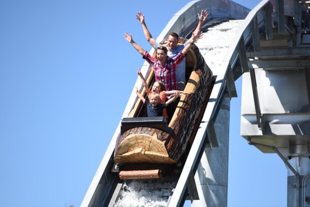 A family goes down a drop on Timber Falls at Calaway Park.