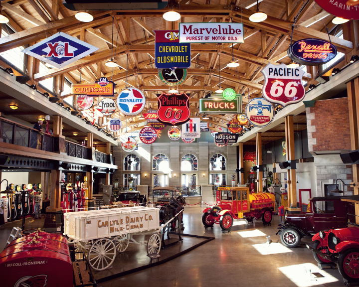 An interior shot and overview of Gasoline Alley at Heritage Park in Calgary