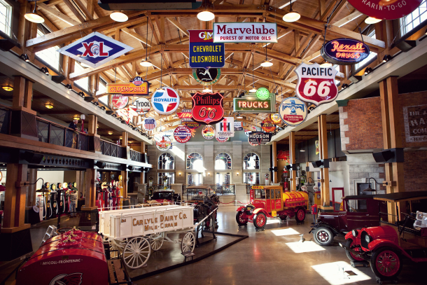 An interior shot and overview of Gasoline Alley at Heritage Park in Calgary