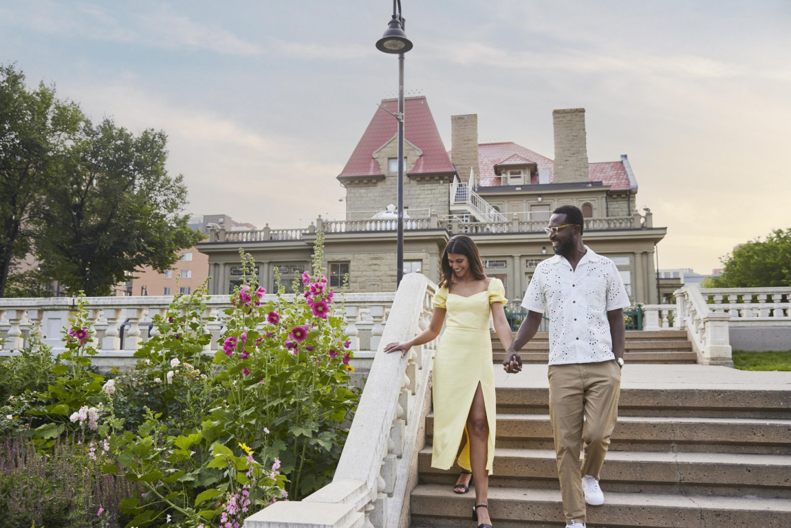 couple exploring Calgary's parks in full bloom during spring