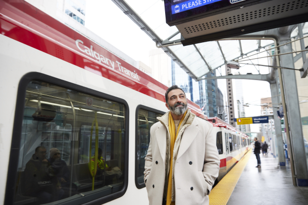 a man at c-train station downtown Calgary
